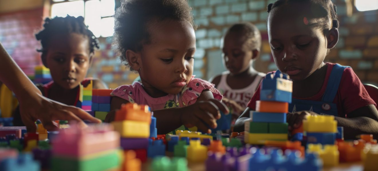 A group of young South African children playing with toys and building blocks in an indoor classroom setting, captured from the front view. The scene is filled with vibrant colors as they create patterns on their crafts using colorful threads and materials. In soft natural light, there's warm sunlight streaming through windows, highlighting intricate details like textures and expressions on each child’s face. Shot by Canon EOS5D Mark IV camera, ISO 204. --ar 128:71 Job ID: 1ddc74c9-58d7-47d3-8629-722dd162dde9
