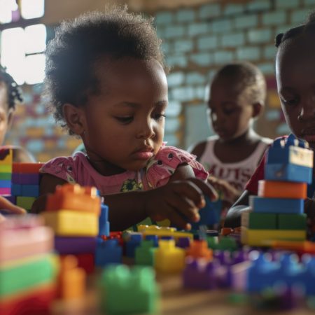 A group of young South African children playing with toys and building blocks in an indoor classroom setting, captured from the front view. The scene is filled with vibrant colors as they create patterns on their crafts using colorful threads and materials. In soft natural light, there's warm sunlight streaming through windows, highlighting intricate details like textures and expressions on each child’s face. Shot by Canon EOS5D Mark IV camera, ISO 204. --ar 128:71 Job ID: 1ddc74c9-58d7-47d3-8629-722dd162dde9