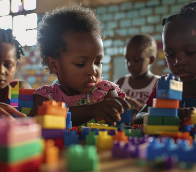 A group of young South African children playing with toys and building blocks in an indoor classroom setting, captured from the front view. The scene is filled with vibrant colors as they create patterns on their crafts using colorful threads and materials. In soft natural light, there's warm sunlight streaming through windows, highlighting intricate details like textures and expressions on each child’s face. Shot by Canon EOS5D Mark IV camera, ISO 204. --ar 128:71 Job ID: 1ddc74c9-58d7-47d3-8629-722dd162dde9