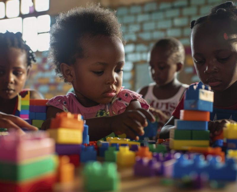 A group of young South African children playing with toys and building blocks in an indoor classroom setting, captured from the front view. The scene is filled with vibrant colors as they create patterns on their crafts using colorful threads and materials. In soft natural light, there's warm sunlight streaming through windows, highlighting intricate details like textures and expressions on each child’s face. Shot by Canon EOS5D Mark IV camera, ISO 204. --ar 128:71 Job ID: 1ddc74c9-58d7-47d3-8629-722dd162dde9